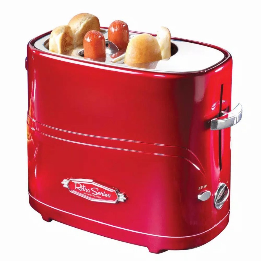 * Toasters | Toasters Nostalgia Retro Series 2-Slice Red Long Slot Hot Dog And Bun Toaster With Crumb Tray And Mini Tongs