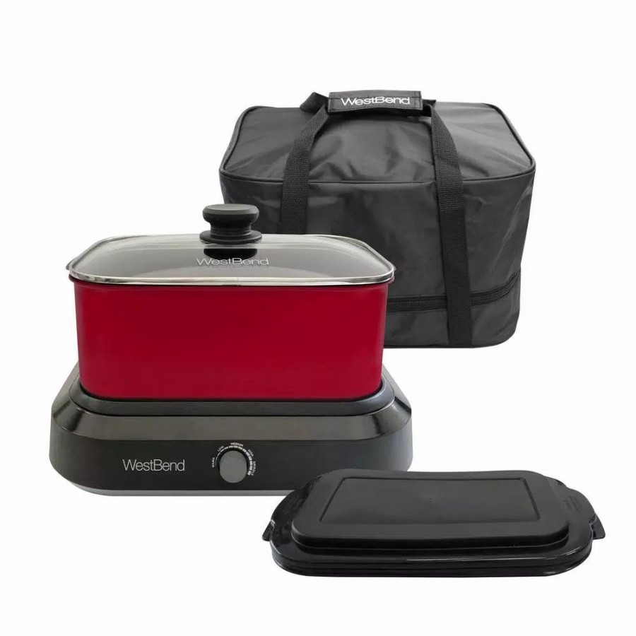 * Cookers | Cookers West Bend 5 Qt. Red Non-Stick Versatility Slow Cooker With 5-Temperature Settings Includes Travel Lid And Thermal Tote