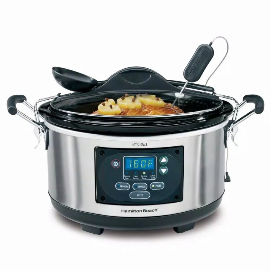 * Cookers | Cookers Hamilton Beach Set And Forget 6 Qt. Stainless Steel Programmable Slow Cooker With Temperature Probe