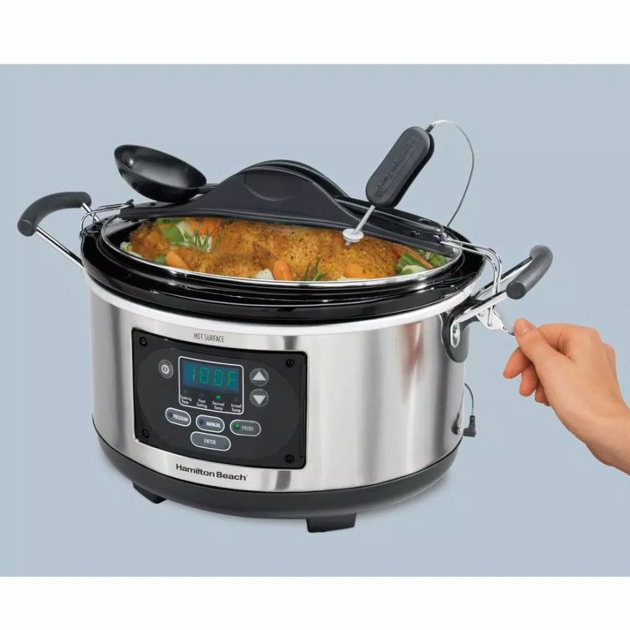 * Cookers | Cookers Hamilton Beach Set And Forget 6 Qt. Stainless Steel Programmable Slow Cooker With Temperature Probe