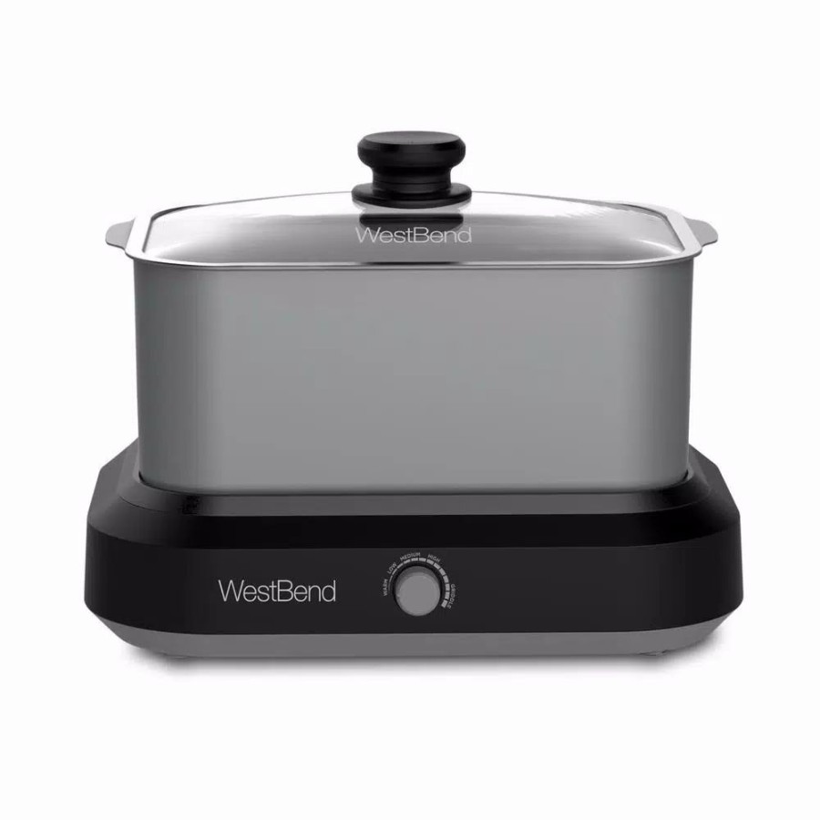 * Cookers | Cookers West Bend 6 Qt. Silver Non-Stick Versatility Slow Cooker With 5-Temperature Settings Includes Travel Lid And Thermal Tote