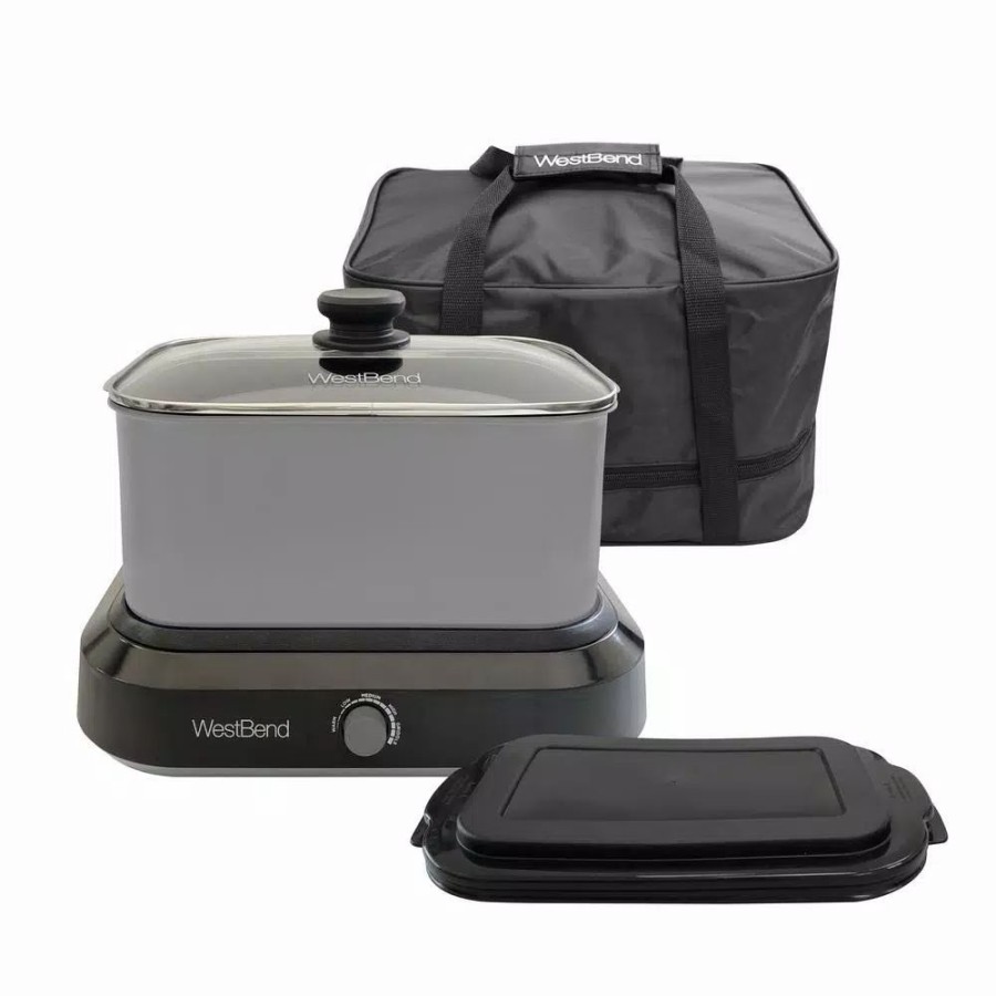 * Cookers | Cookers West Bend 6 Qt. Silver Non-Stick Versatility Slow Cooker With 5-Temperature Settings Includes Travel Lid And Thermal Tote