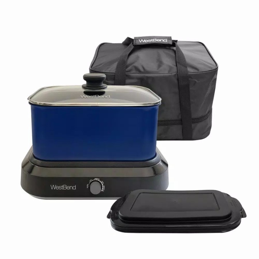 * Cookers | Cookers West Bend 6 Qt. Blue Non-Stick Versatility Slow Cooker With 5-Temperature Settings Includes Travel Lid And Thermal Tote