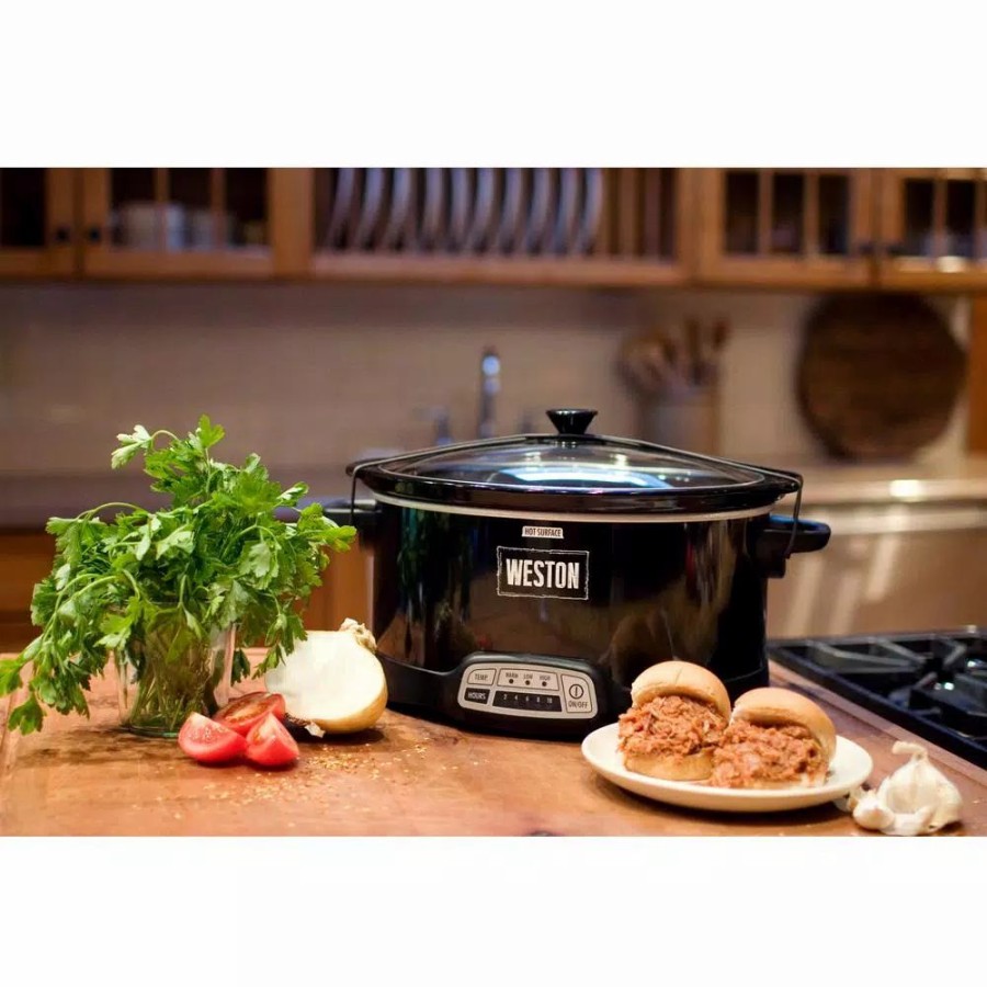 * Cookers | Cookers Weston 7 Qt. Programmable Black Slow Cooker With Locking Lid