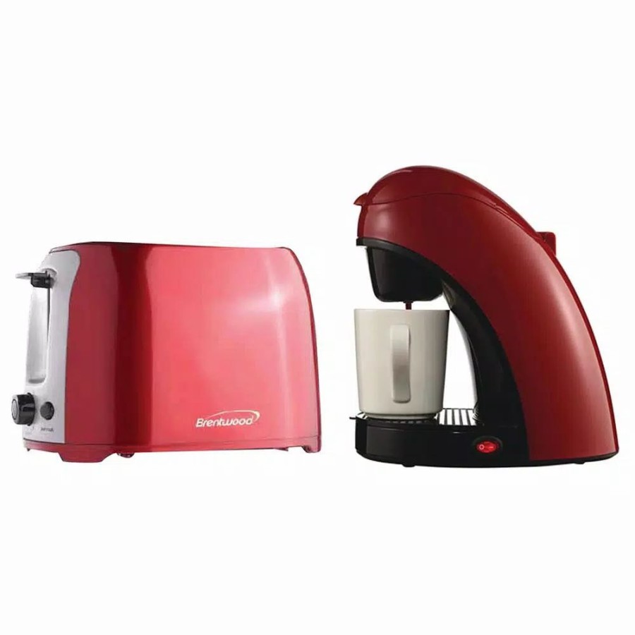 * Coffee Makers | Coffee Makers Brentwood Appliances 1-Cup Red Coffee Maker With Mug And 2-Slice Red Extra-Wide Slot Toaster