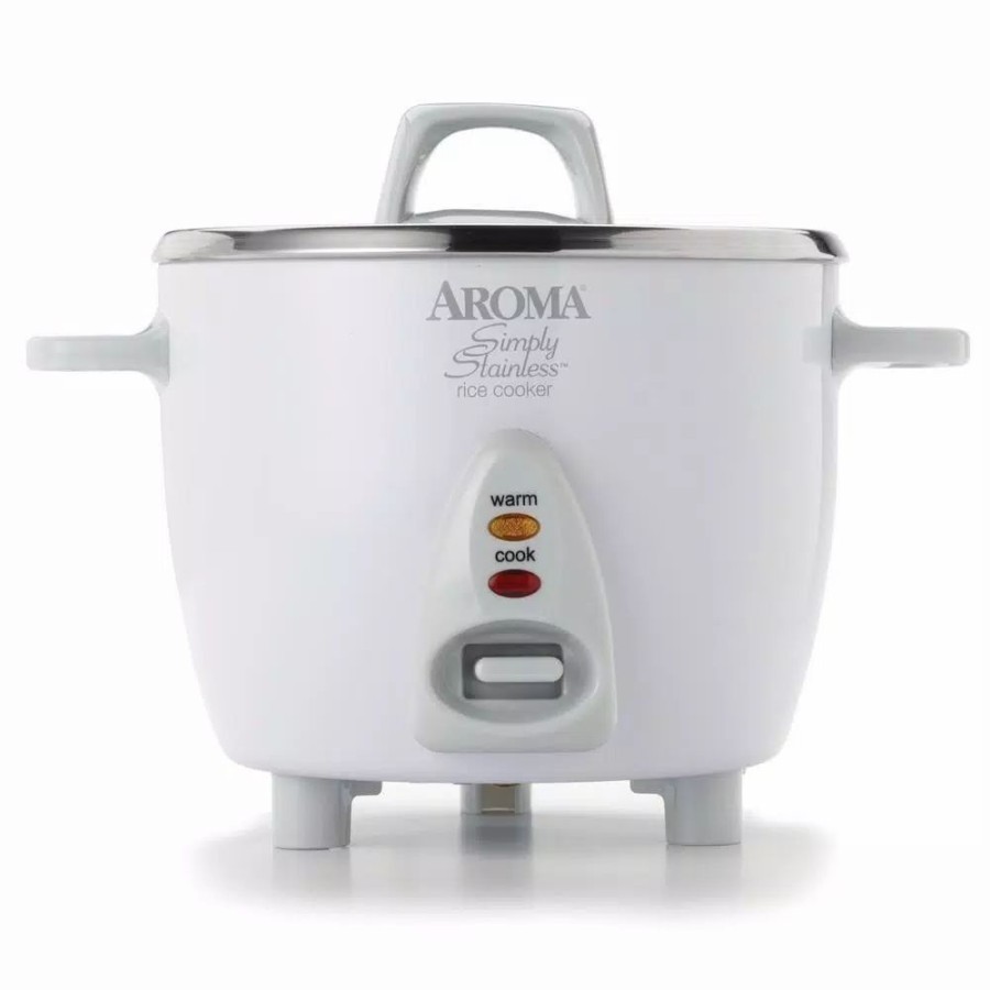 * Cookers | Cookers Aroma Simply 6-Cup Stainless Steel White Rice Cooker With Measuring Cup And Serving Spatula