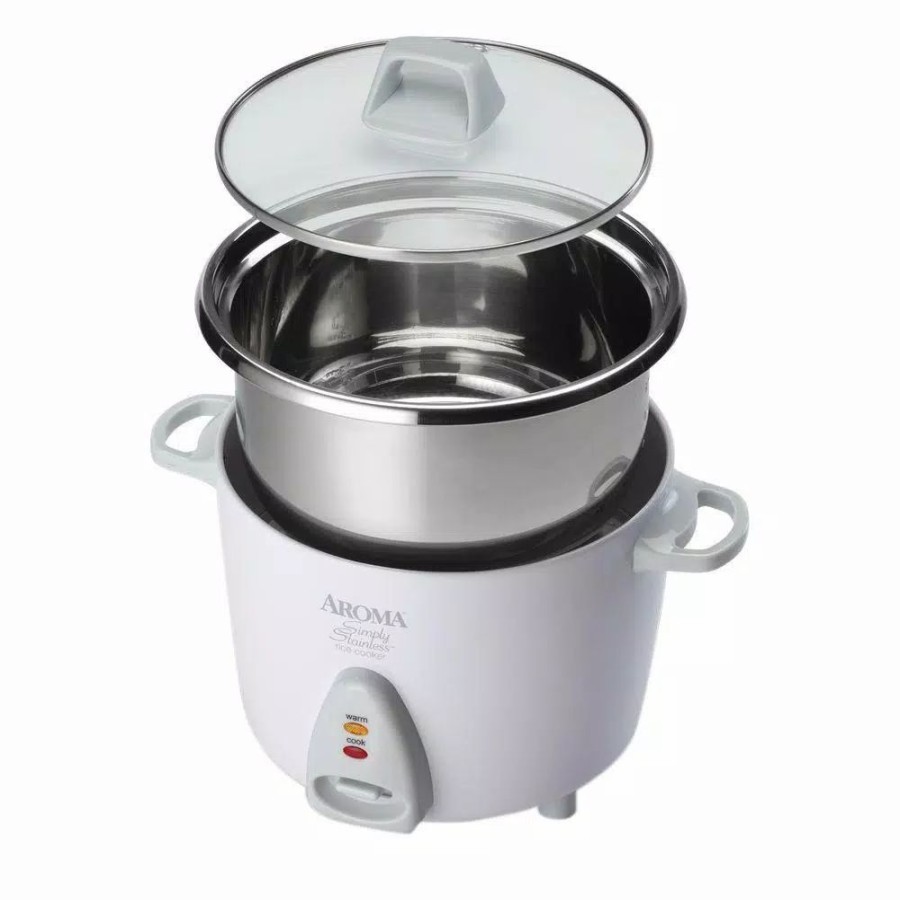 * Cookers | Cookers Aroma Simply 6-Cup Stainless Steel White Rice Cooker With Measuring Cup And Serving Spatula