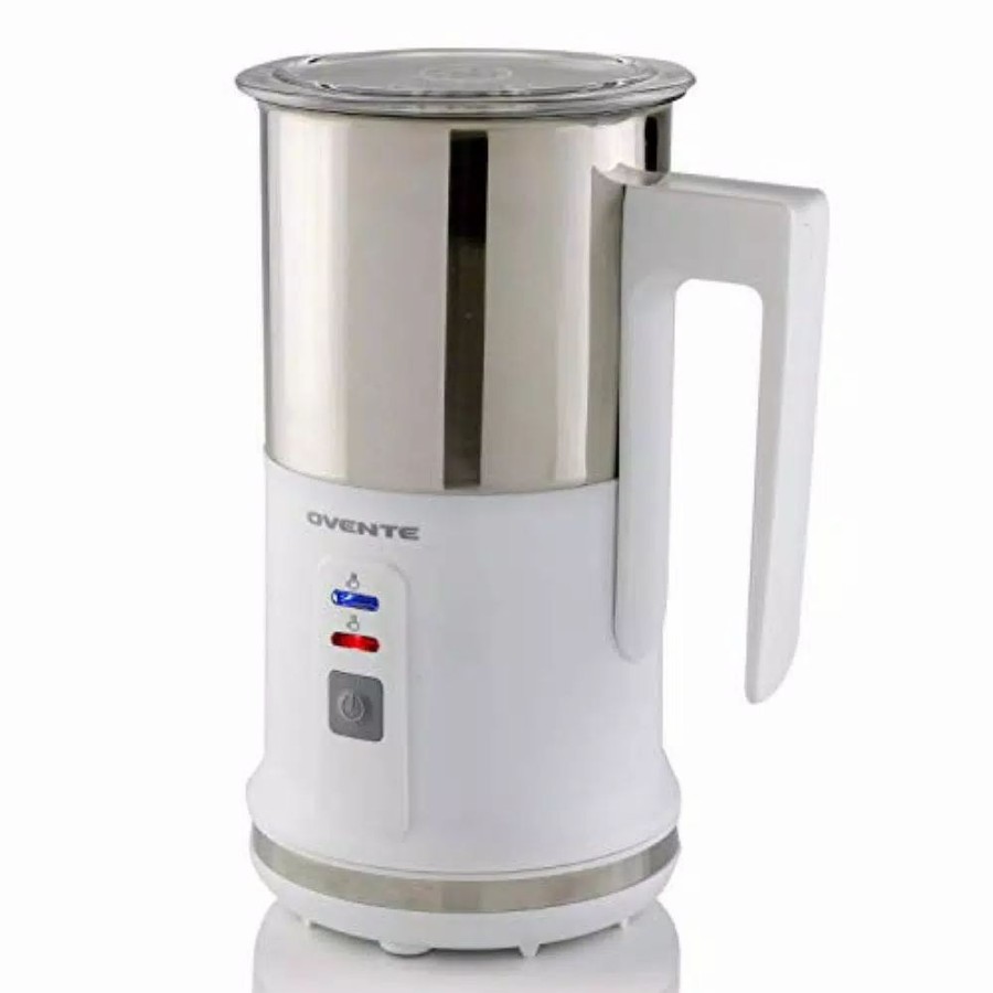 * Coffee Makers | Coffee Makers Ovente 8.1 Oz. White Stainless Steel Electric Milk Frother 3 In 1-Warming, Heating And Frothing, See-Through Lid Plus Whisks