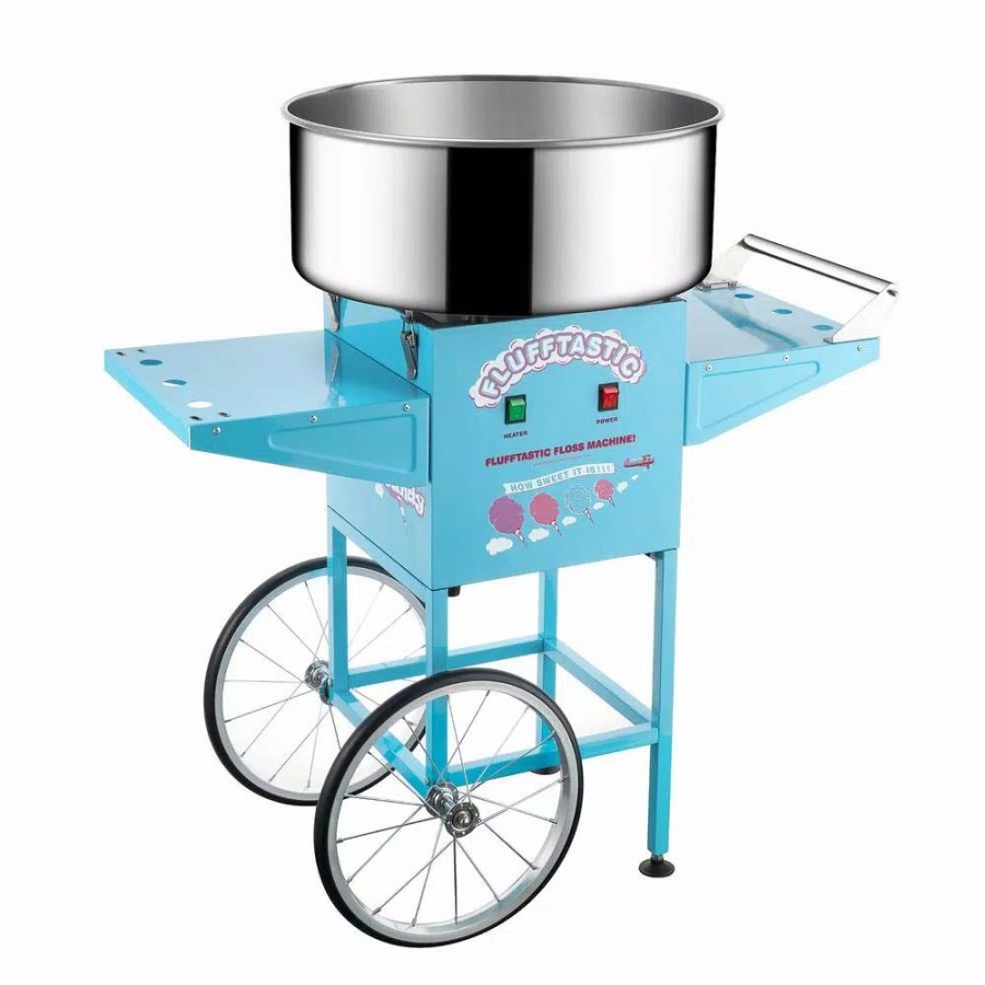 * Dessert Makers | Dessert Makers Great Northern Blue Cotton Candy Machine And Cart- Flufftastic Floss Maker- Stainless Steel Pan, 2 Side Trays & 13 In. Wheels