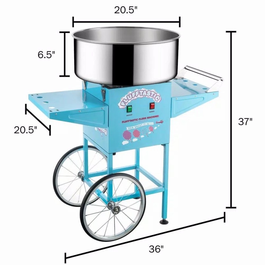 * Dessert Makers | Dessert Makers Great Northern Blue Cotton Candy Machine And Cart- Flufftastic Floss Maker- Stainless Steel Pan, 2 Side Trays & 13 In. Wheels