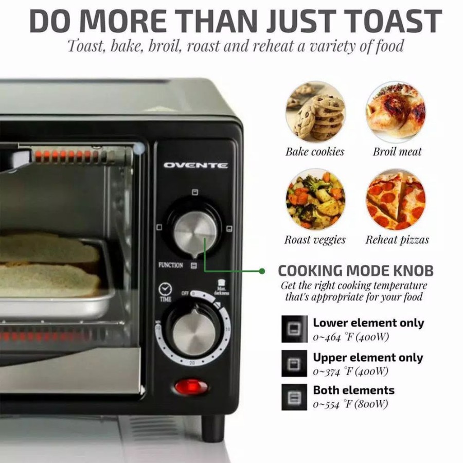 * Toasters | Toasters Ovente 800-Watts Electric Black Toaster Oven 3 Cooking Modes 30 Min Timer Crumb Tray, Tempered Glass Door