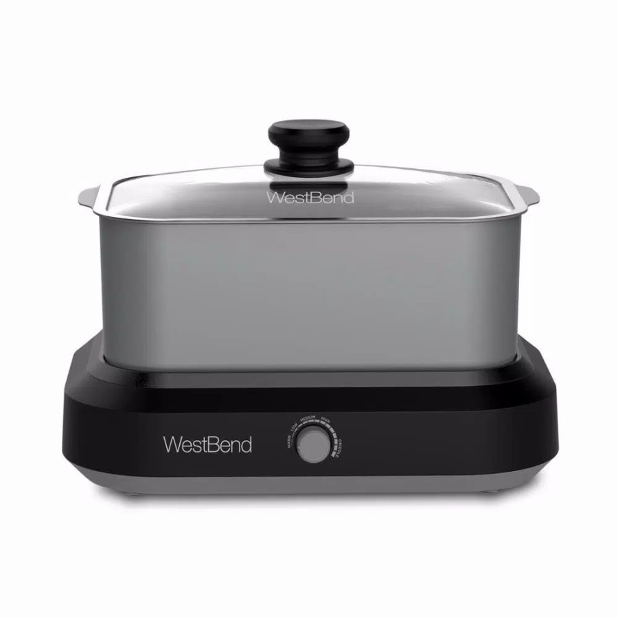 * Cookers | Cookers West Bend 5 Qt. Silver Non-Stick Versatility Slow Cooker With 5-Temperature Settings Includes Travel Lid And Thermal Tote