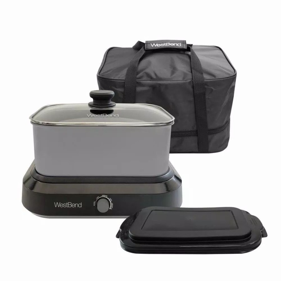 * Cookers | Cookers West Bend 5 Qt. Silver Non-Stick Versatility Slow Cooker With 5-Temperature Settings Includes Travel Lid And Thermal Tote