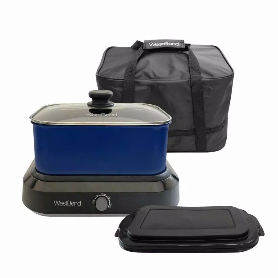 * Cookers | Cookers West Bend 5 Qt. Blue Non-Stick Versatility Slow Cooker With 5-Temperature Settings Includes Travel Lid And Thermal Tote