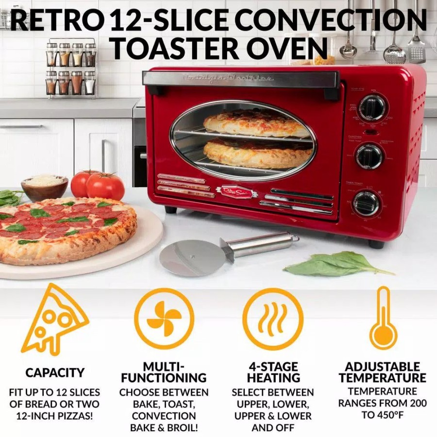 * Toasters | Toasters Nostalgia Retro 1500 W 12-Slice Retro Red Convection Toaster Oven With Built In Timer