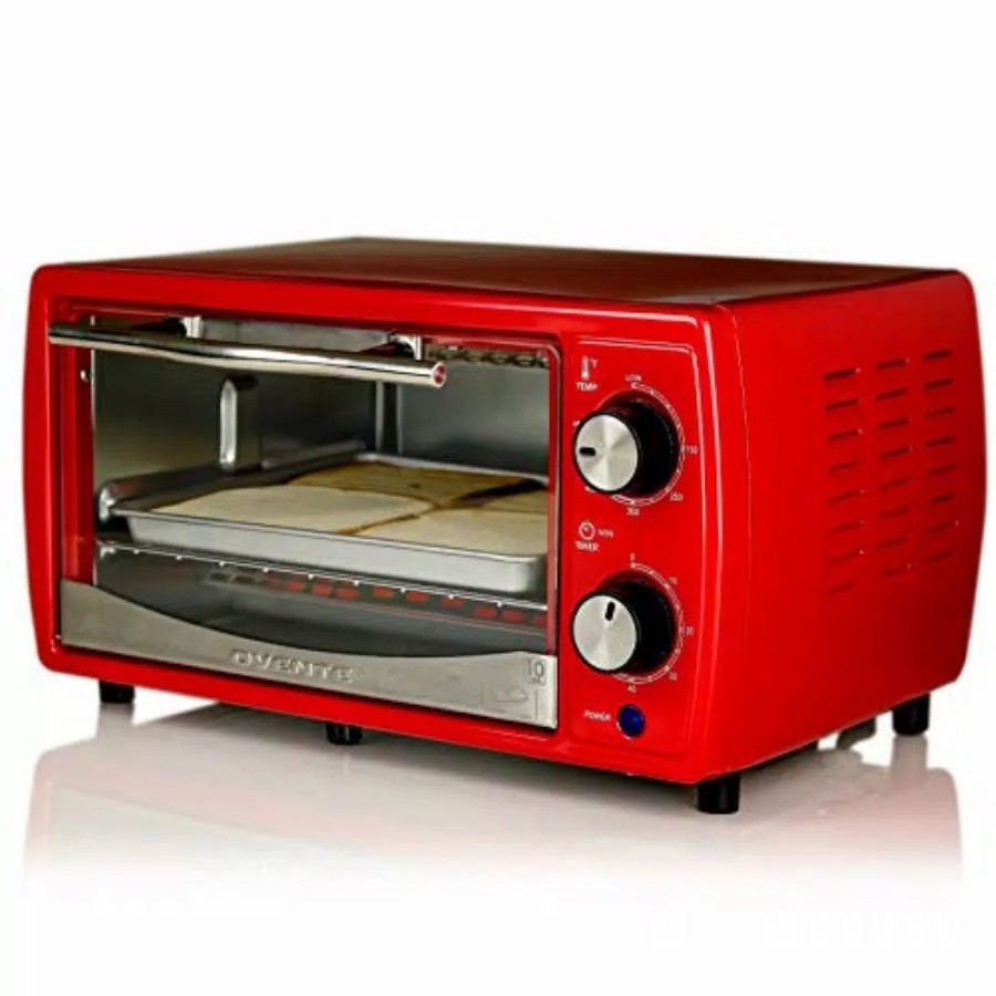 * Toasters | Toasters Ovente 700-Watt 4-Slice Red Electric Toaster Oven With Timer Knob And Tempered Glass Door Cool-Touch Handle, Includes Led Light