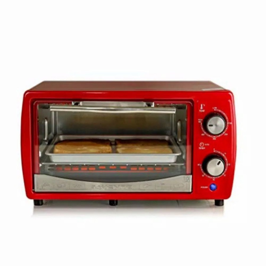 * Toasters | Toasters Ovente 700-Watt 4-Slice Red Electric Toaster Oven With Timer Knob And Tempered Glass Door Cool-Touch Handle, Includes Led Light