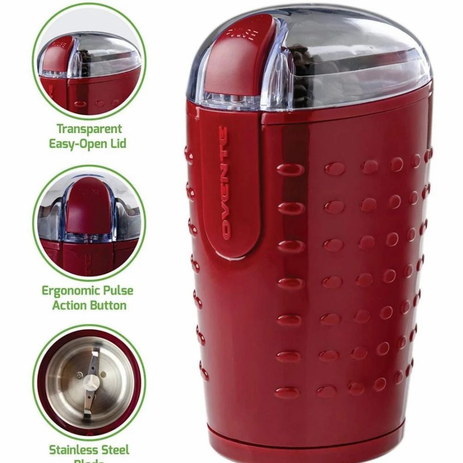 * Coffee Makers | Coffee Makers Ovente 2.5 Oz. Maroon One-Touch Electric Coffee Grinder With Transparent Easy Open Lid And Stainless Steel Blades