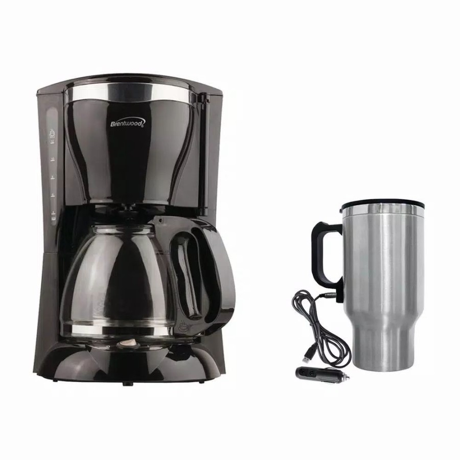 * Coffee Makers | Coffee Makers Brentwood Appliances 12-Cup Black Coffee Maker With 16 Oz. Stainless Steel Heated Travel Mug And 12-Volt Car Adapter