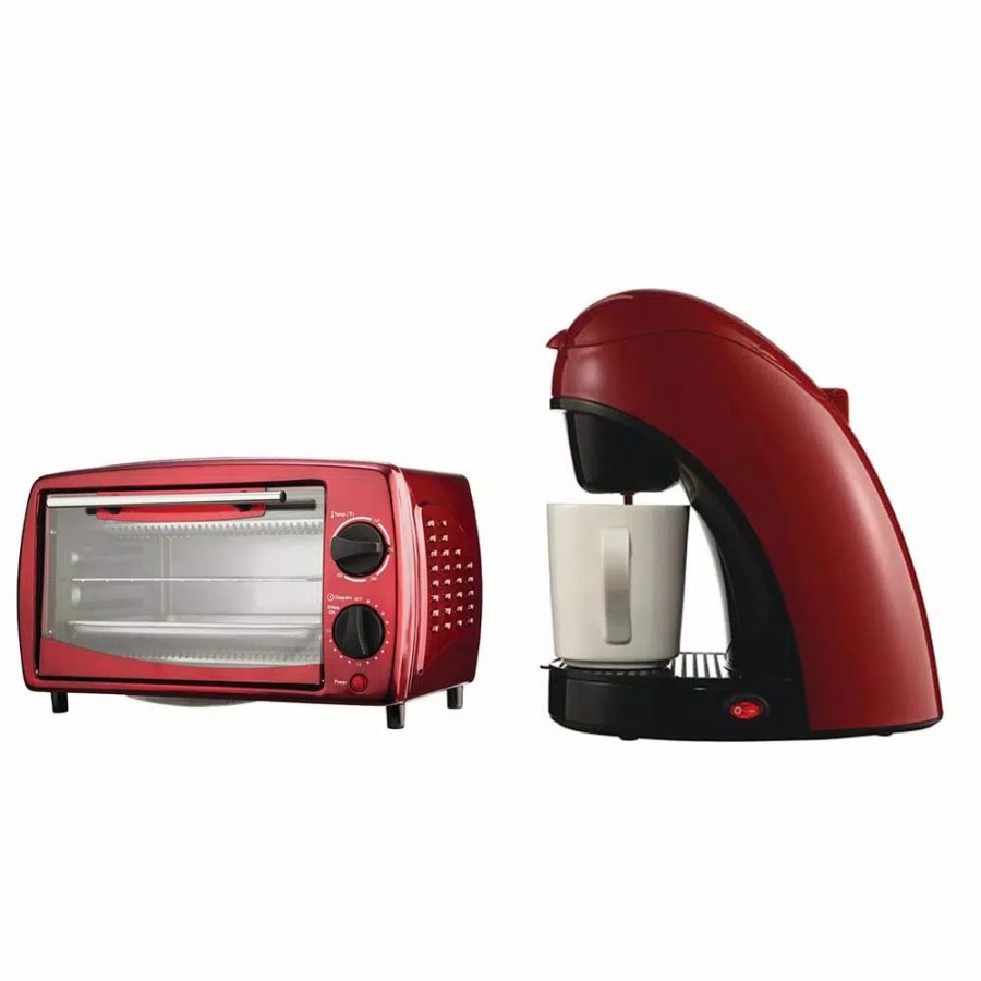 * Toasters | Toasters Brentwood Appliances 700-Watt Red Toaster Oven And Broiler With Red Single-Serve Coffee Maker And Mug