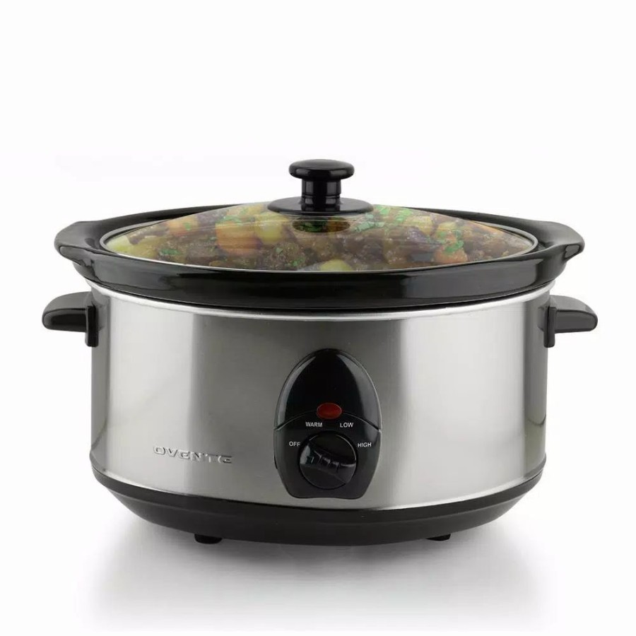 * Cookers | Cookers Ovente 3.7 Qt. Stainless Steel Electric Slow Cooker With Heat-Tempered Glass Lid, Adjustable Temperature Control, (Slo35Abr)