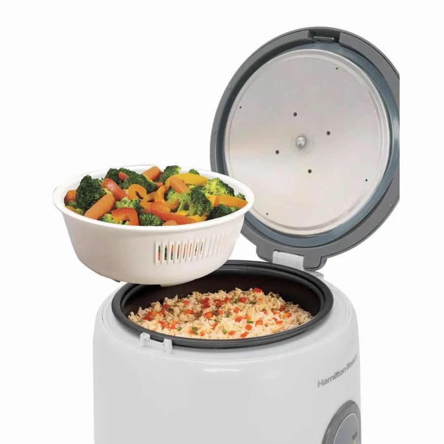 * Cookers | Cookers Hamilton Beach 8-Cup White Rice Cooker And Warmer With Non-Stick Cooking Pot, Rice Paddle And Measuring Cup