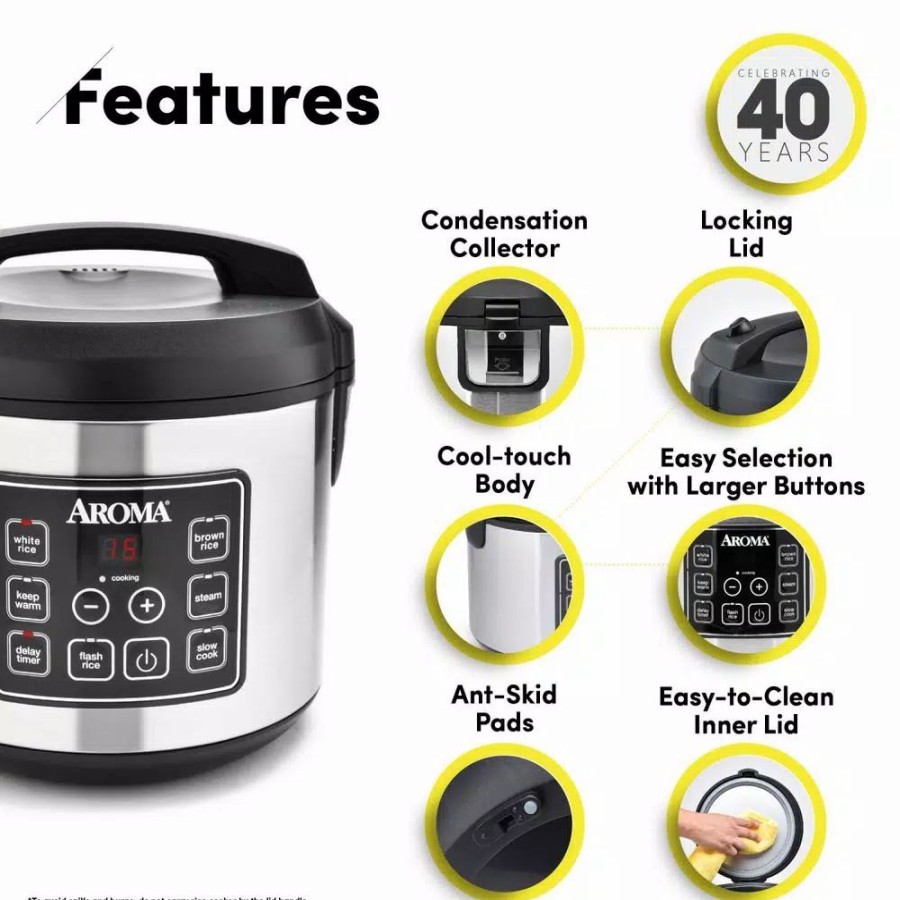 * Cookers | Cookers Aroma 20-Cup Silver Rice Cooker With Food Steamer And Slow Cooker Functions